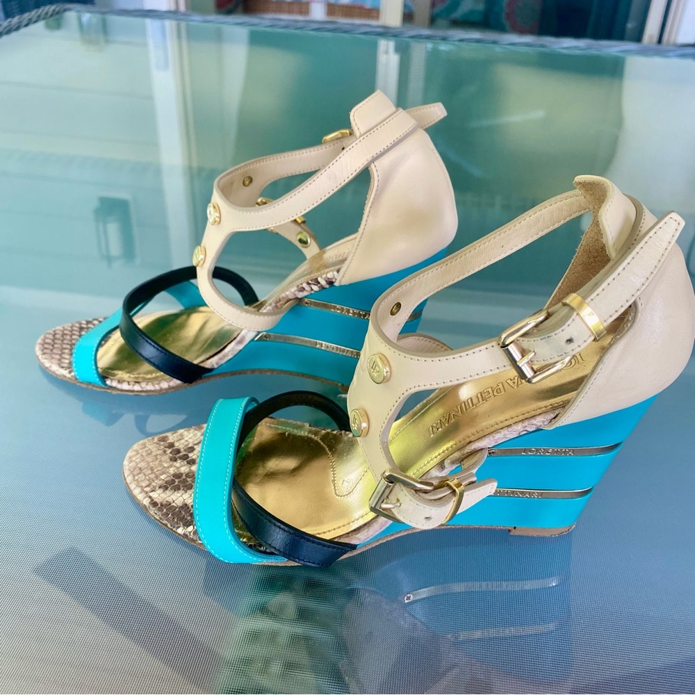 🇮🇹Loretta Pettinari, Italy 38. Turquoise Blue & Cream Strappy Wedge Sandals. 38 - Picture 5 of 16